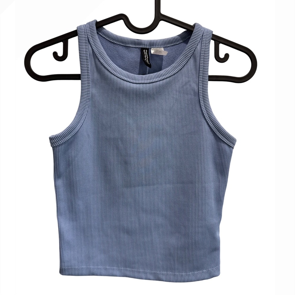 H&M Divided Blue Ribbed Sleeveless Crop Top Tank Shirt XS
